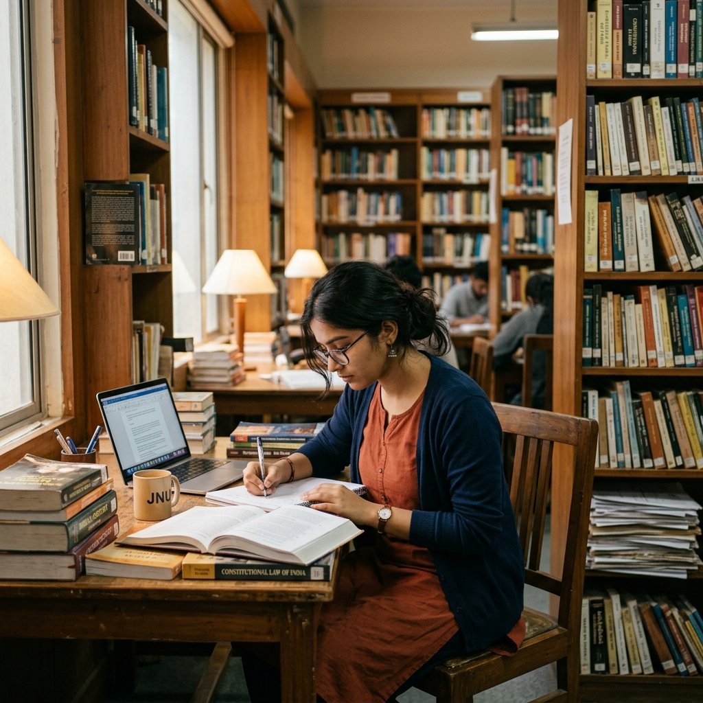 Indian student studying in library
