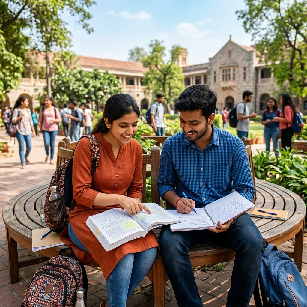Indian students sharing notes on campus