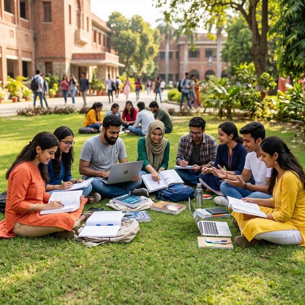 Group of Indian students studying outside